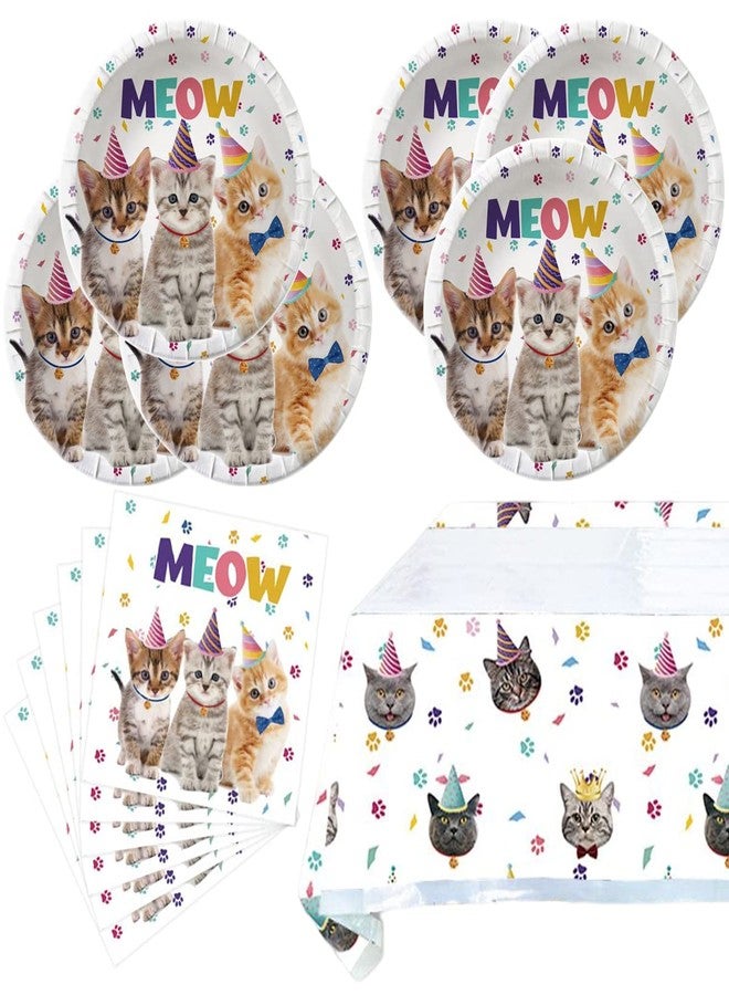 OULUN Cat Party Supplies Tableware ,20 Plates and 20 Napkins and Tablecloth71 '' x 42 '',Kids Cat Birthday Theme Party Decorate Supplies - Image 1